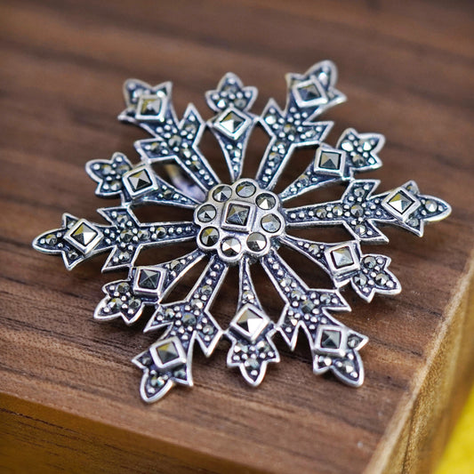 Vintage sterling 925 silver handmade snowflake pendant with genuine marcasite