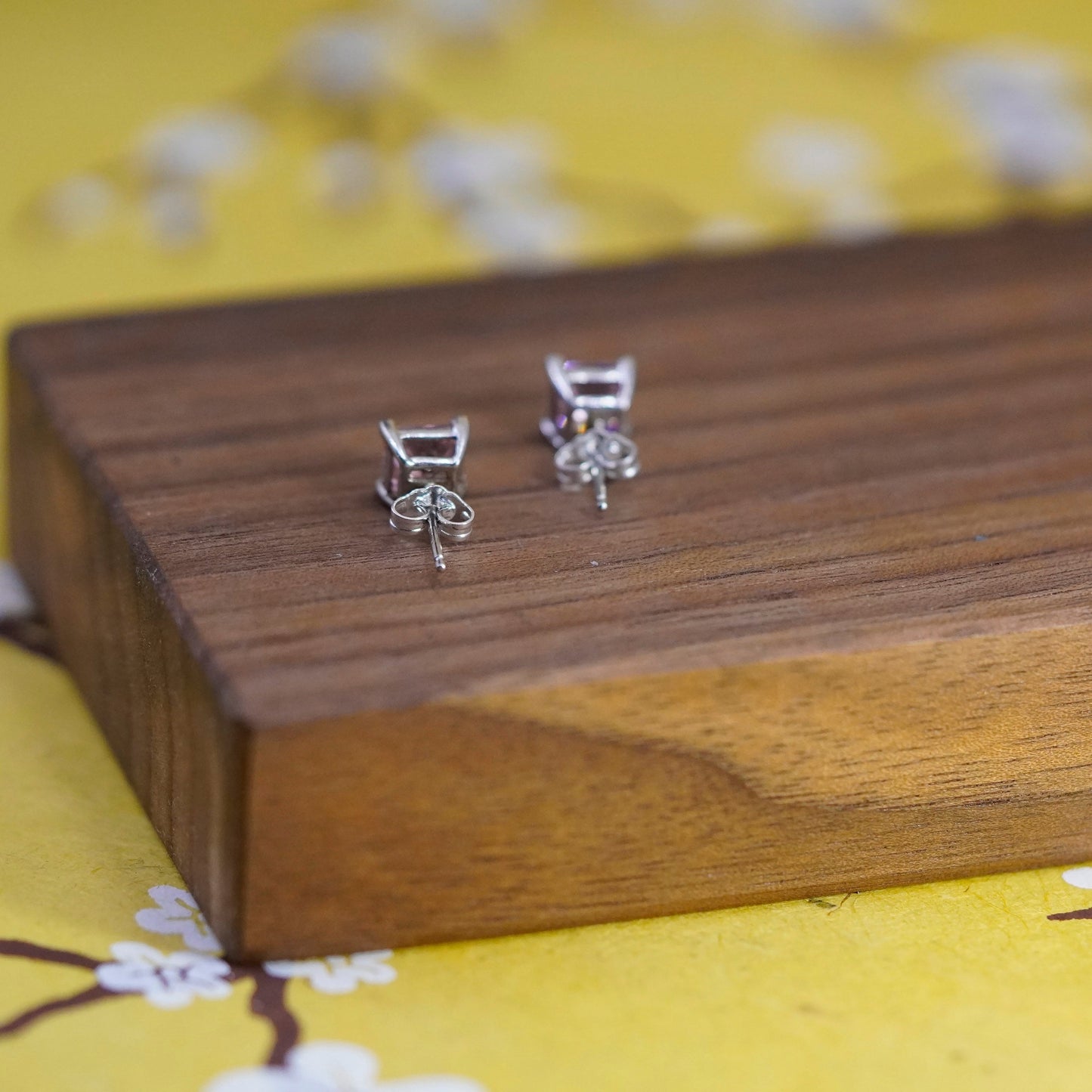 Vintage Sterling silver handmade earrings, 925 square studs with pink cz