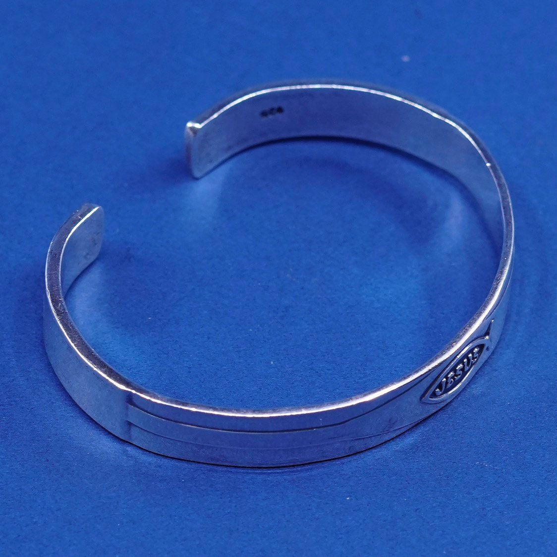 6.5", sterling silver handmade bracelet, Southwestern 925 cuff “Jesus” N fish