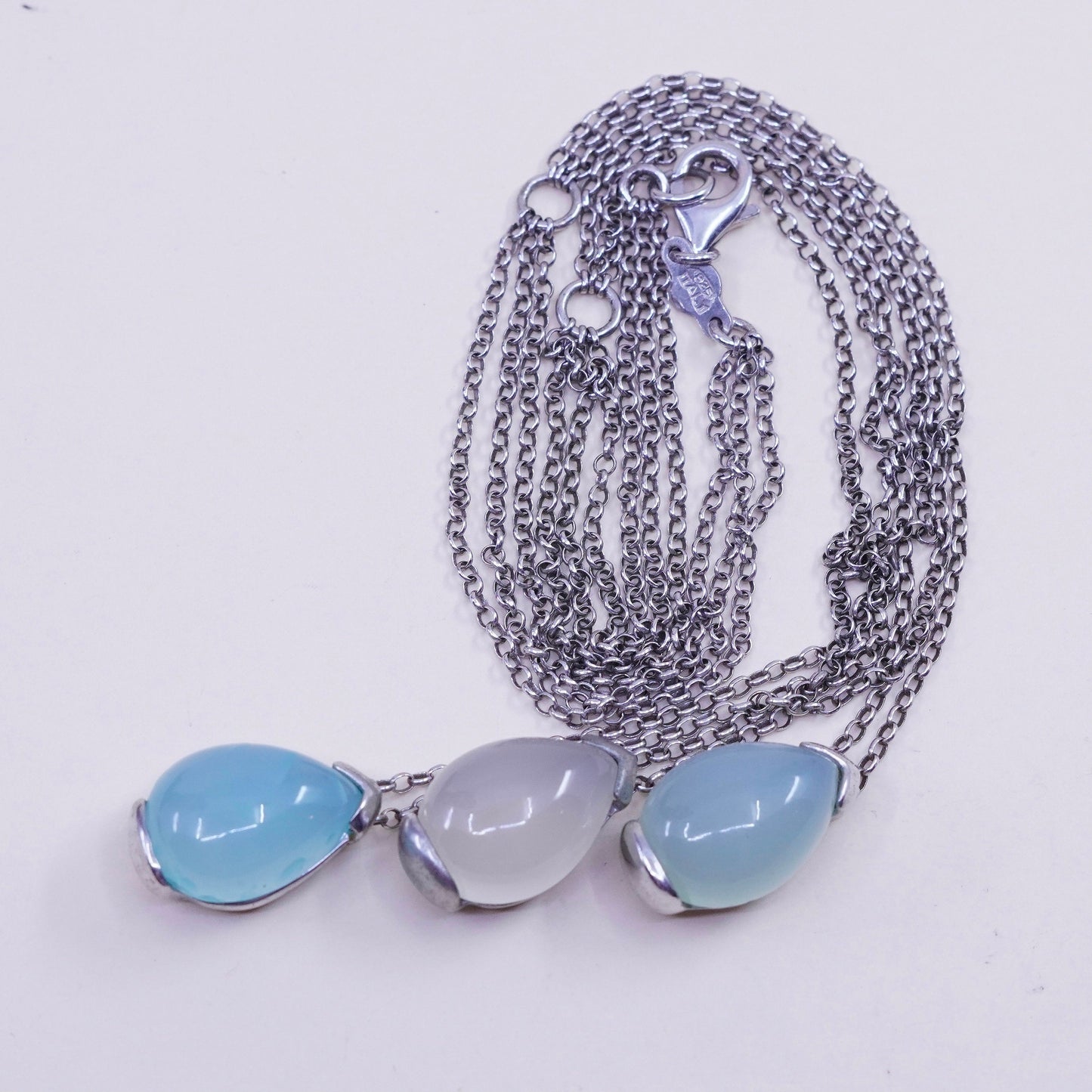 16”, milor sterling silver multi strands necklace, teardrop Chalcedony pendants