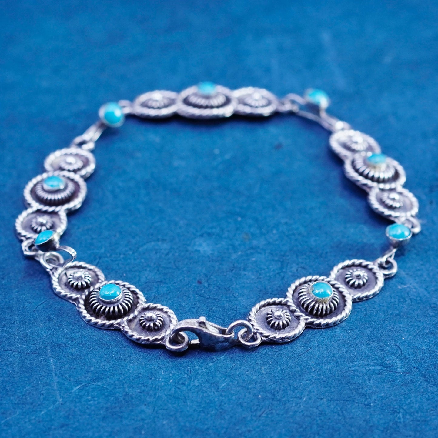 7”, vintage Sterling 925 silver handmade tennis bracelet with turquoise