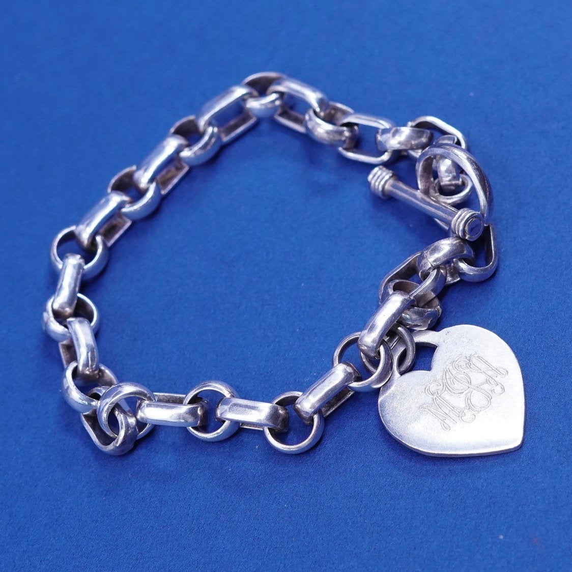 6.75", Sterling silver bracelet, 925 elongated chain w/ heart “MJA” monogram