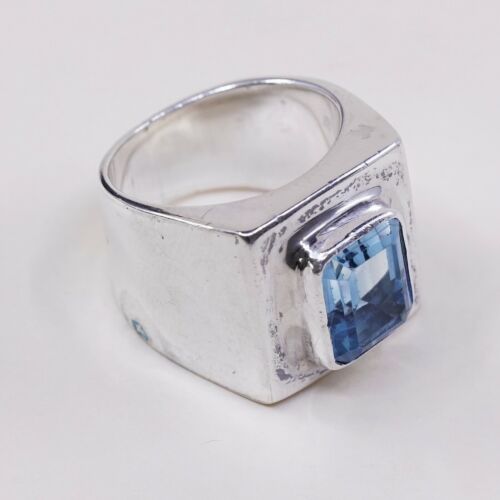 Sz 7.25, Vtg Sterling Silver Handmade Ring, 925 Silver Statement Ring W/ Topaz
