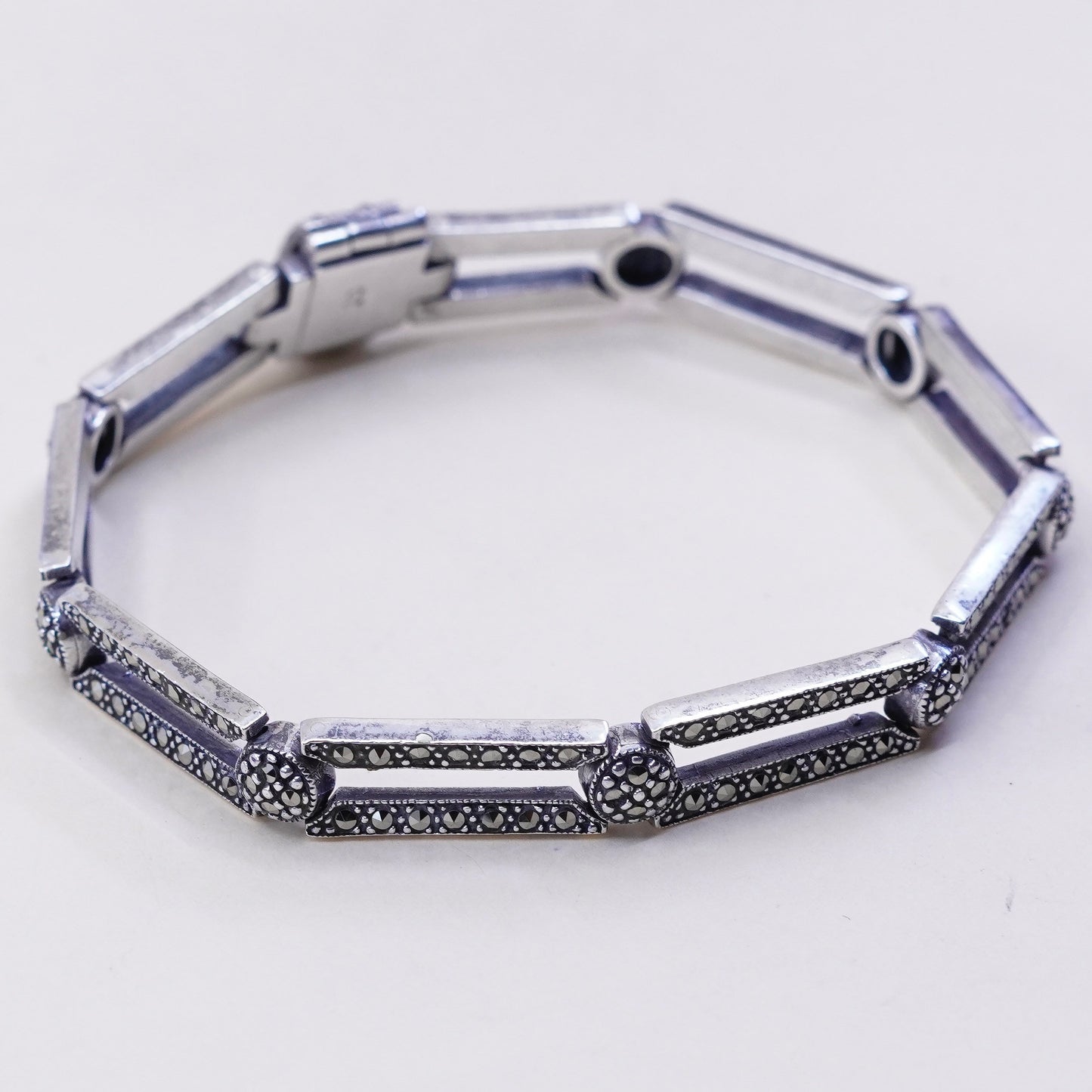 7.25”, Sterling 925 Silver, elongated chain, tennis Bracelet with marcasite