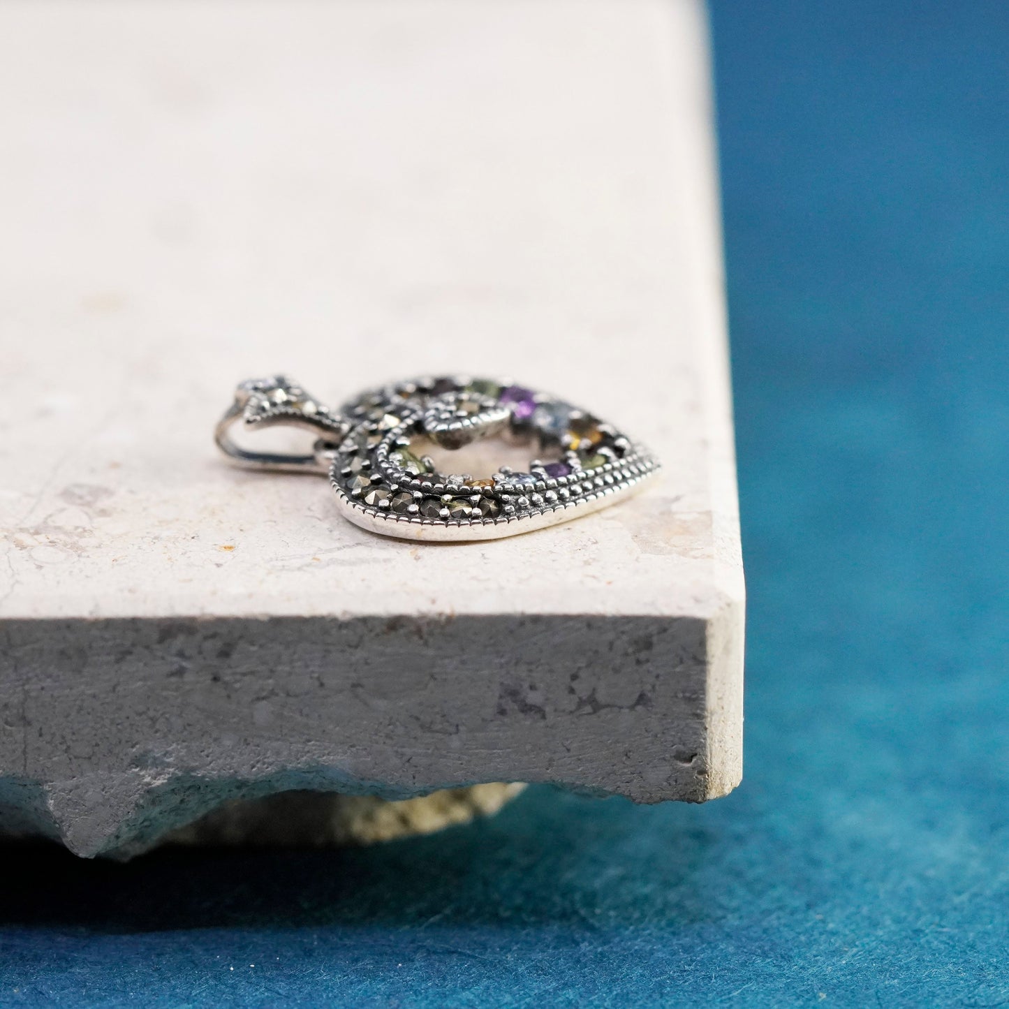 Sterling silver handmade pendant, 925 heart marcasite citrine peridot amethyst