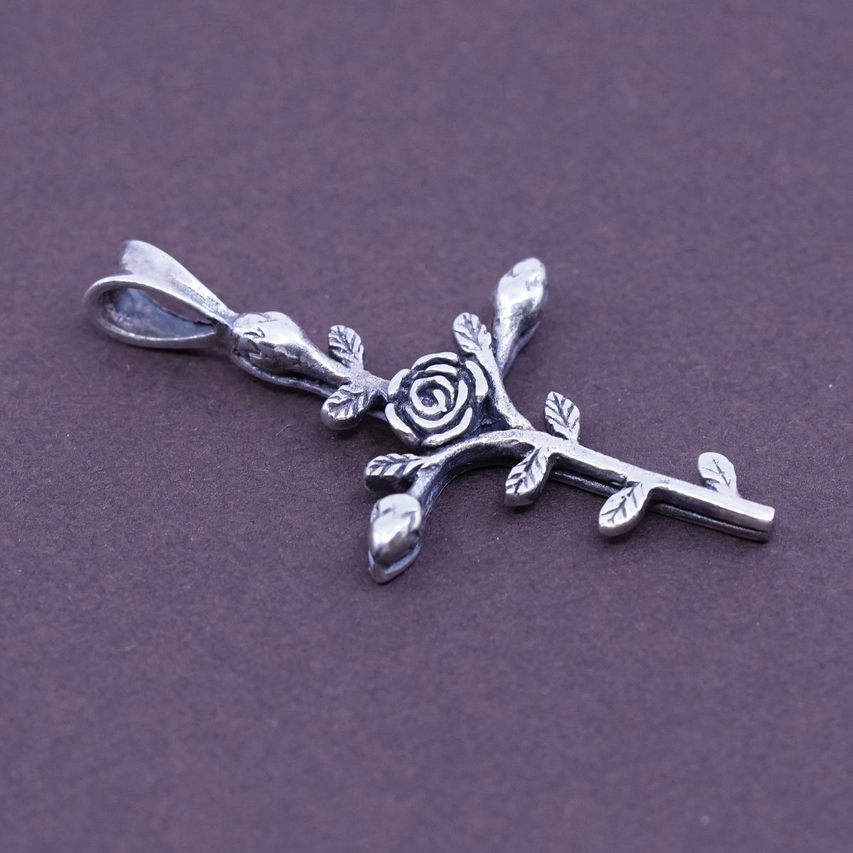 Vintage Sterling silver handmade pendant, 925 cross with flower