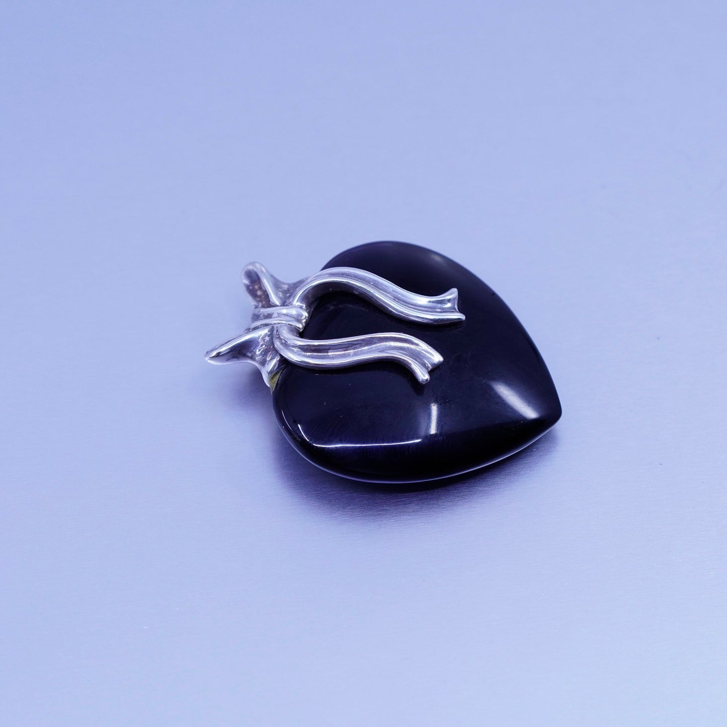 antique sterling 925 silver obsidian heart pendant with ribbon bow tie