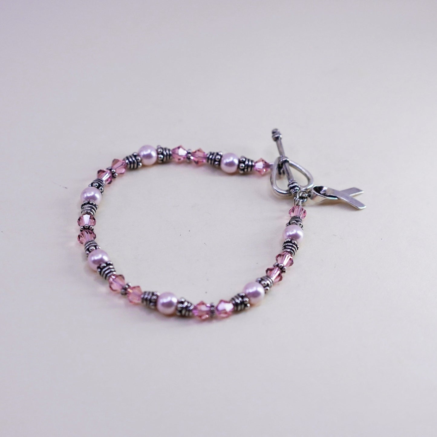 7”, Sterling silver bracelet, 925 bead chain pink crystal breast cancer ribbon