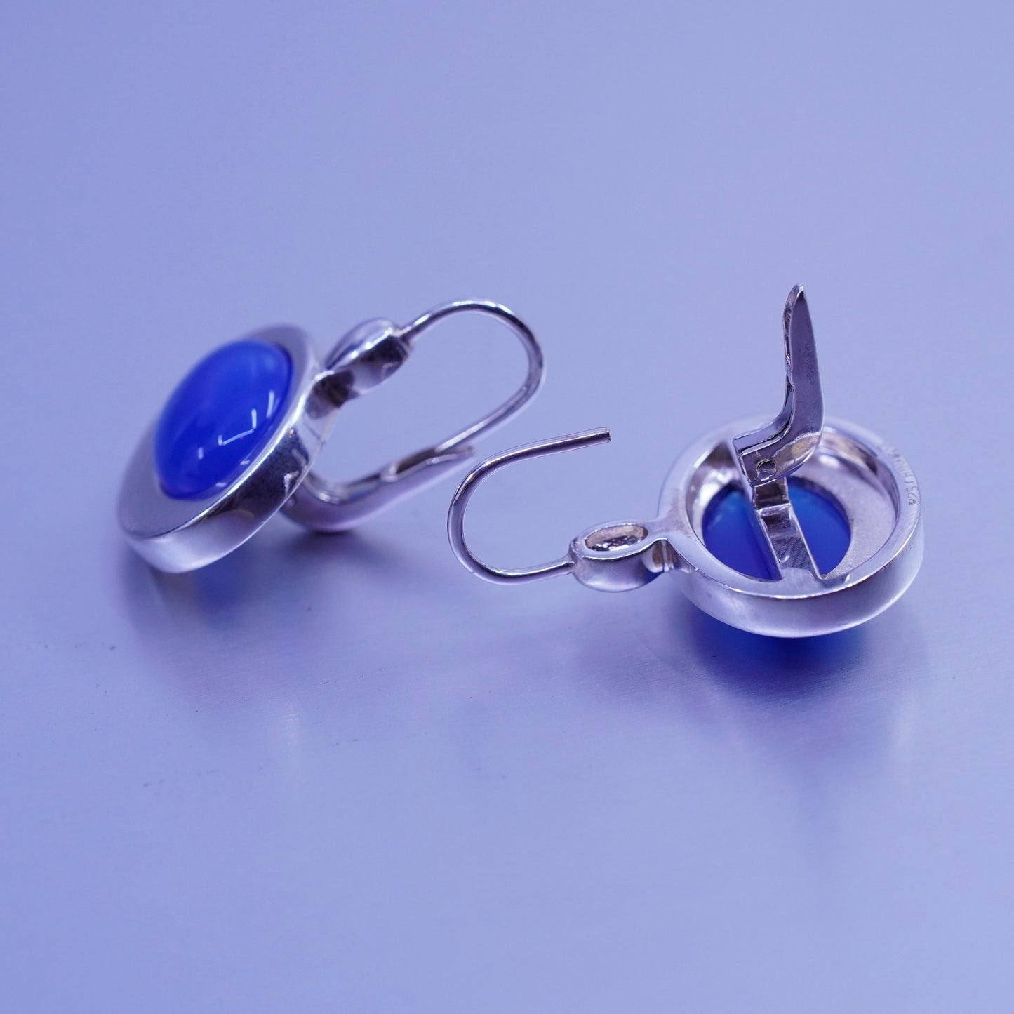 Vintage Sterling 925 silver oval earrings with blue cats eye beads