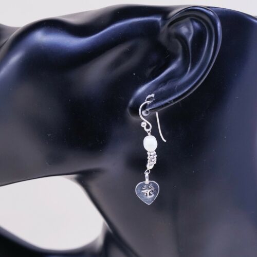 Vintage Southwestern handmade Sterling 925 Silver Heart Earrings w/ Pearl Beads