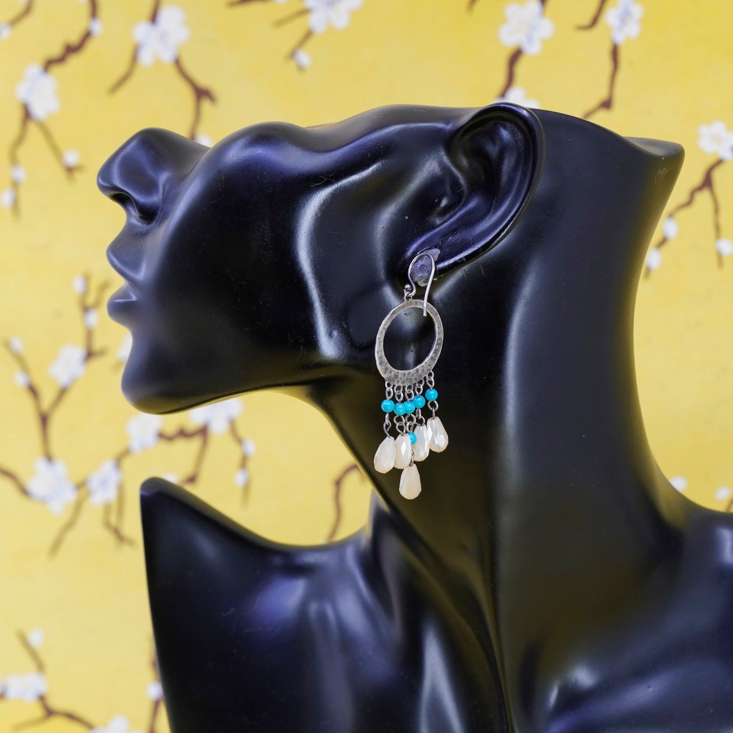 Southwestern Sterling 925 silver earrings teardrop mother of pearl turquoise