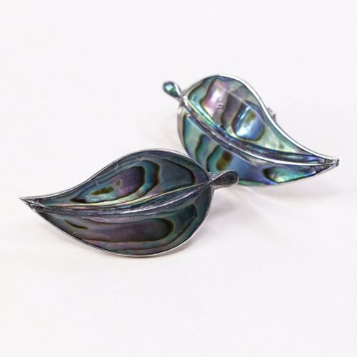 Vtg Sterling 925 Silver Handmade Screw Back Leaf Earrings With Abalone