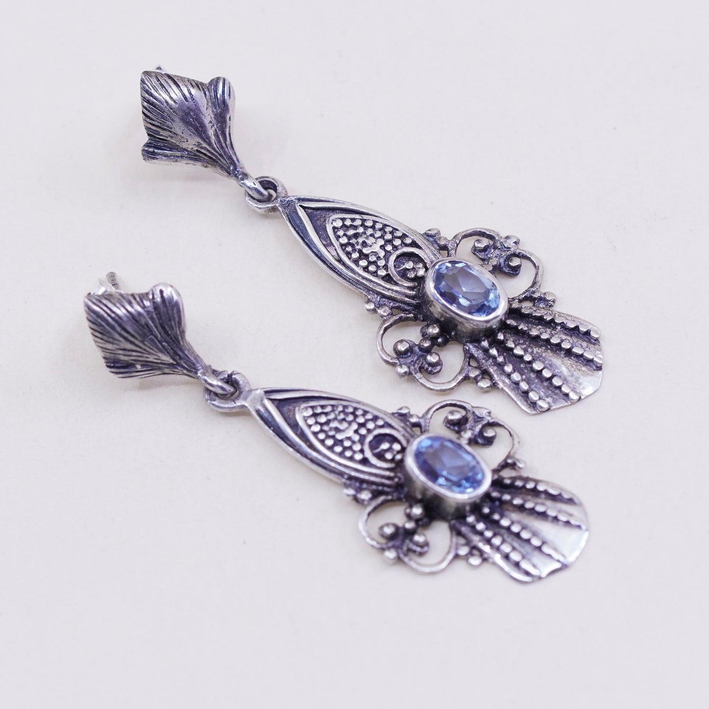 sterling silver handmade earrings, 925 beads dangles with oval blue topaz drops