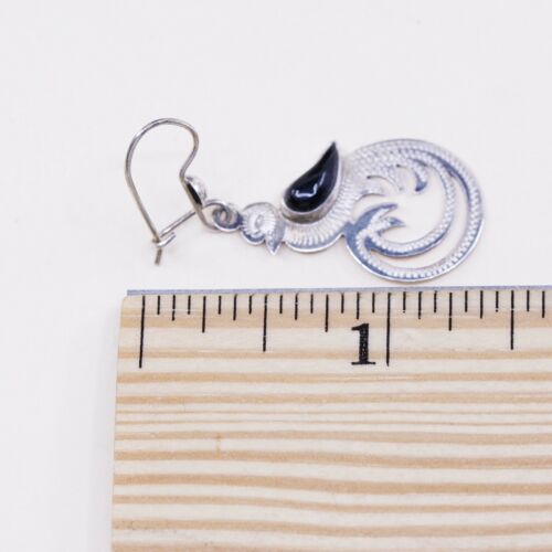 Vintage Southwestern handmade Sterling 925 Silver Peacock Earrings W/ Ovsidian