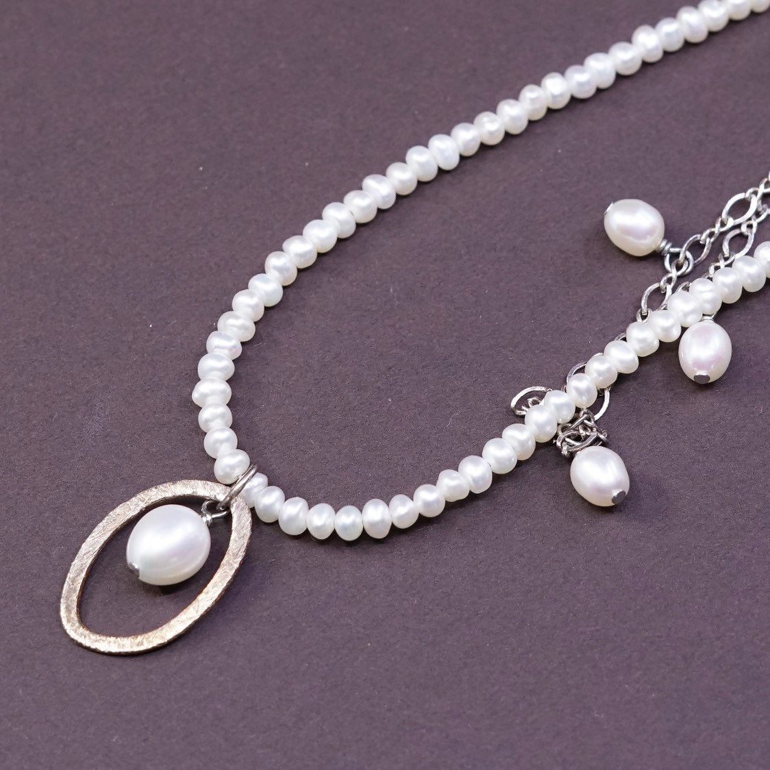 16", sterling silver handmade necklace, 925 figaro chain w/ freshwater pearl