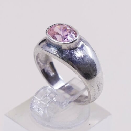 Sz 6.75, Sterling Silver Ring, 925 Silver Engagement Ring W/ pink Crystal