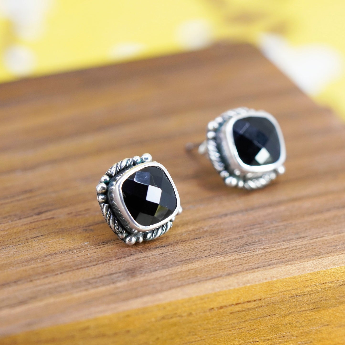 Lori Bonn Sterling Silver Handmade earrings, square 925 studs checker obsidian