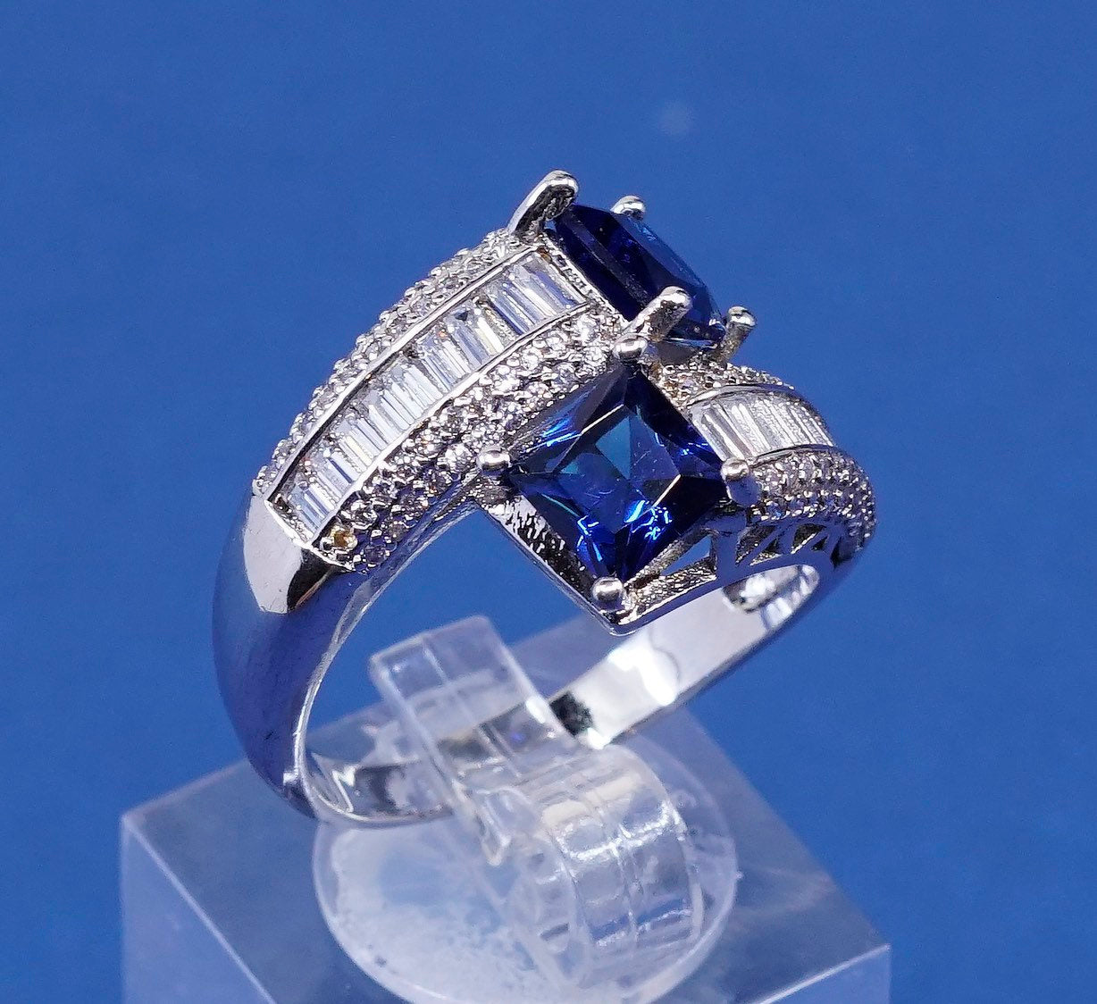 sz 9.25, Sterling 925 silver handmade ring w/ sapphire cluster cocktail ring