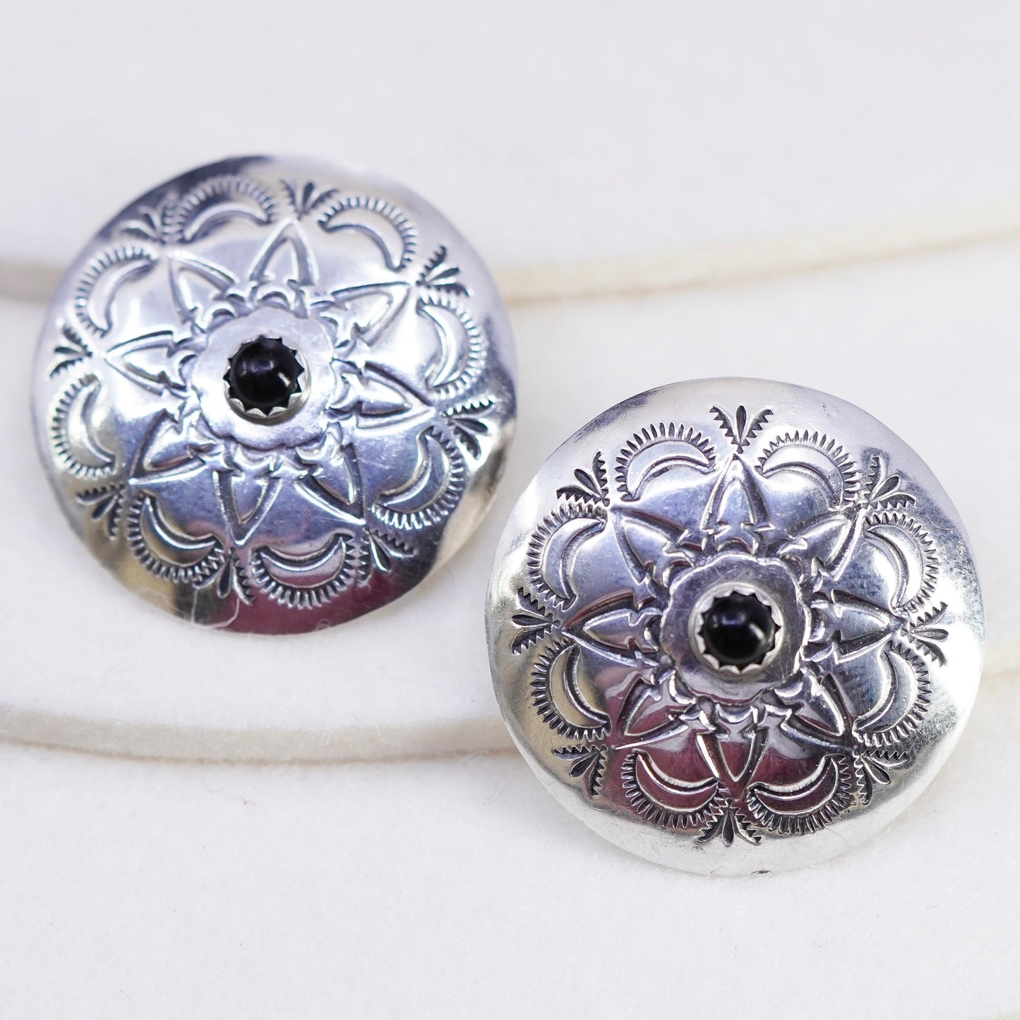 Native American Sterling 925 silver handmade earrings, disc studs obsidian