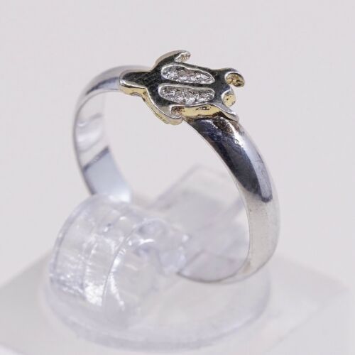 Sz 4, PCU Two Tone 14K Gold Turtle Sterling Silver Handmade Ring 925 Open Band