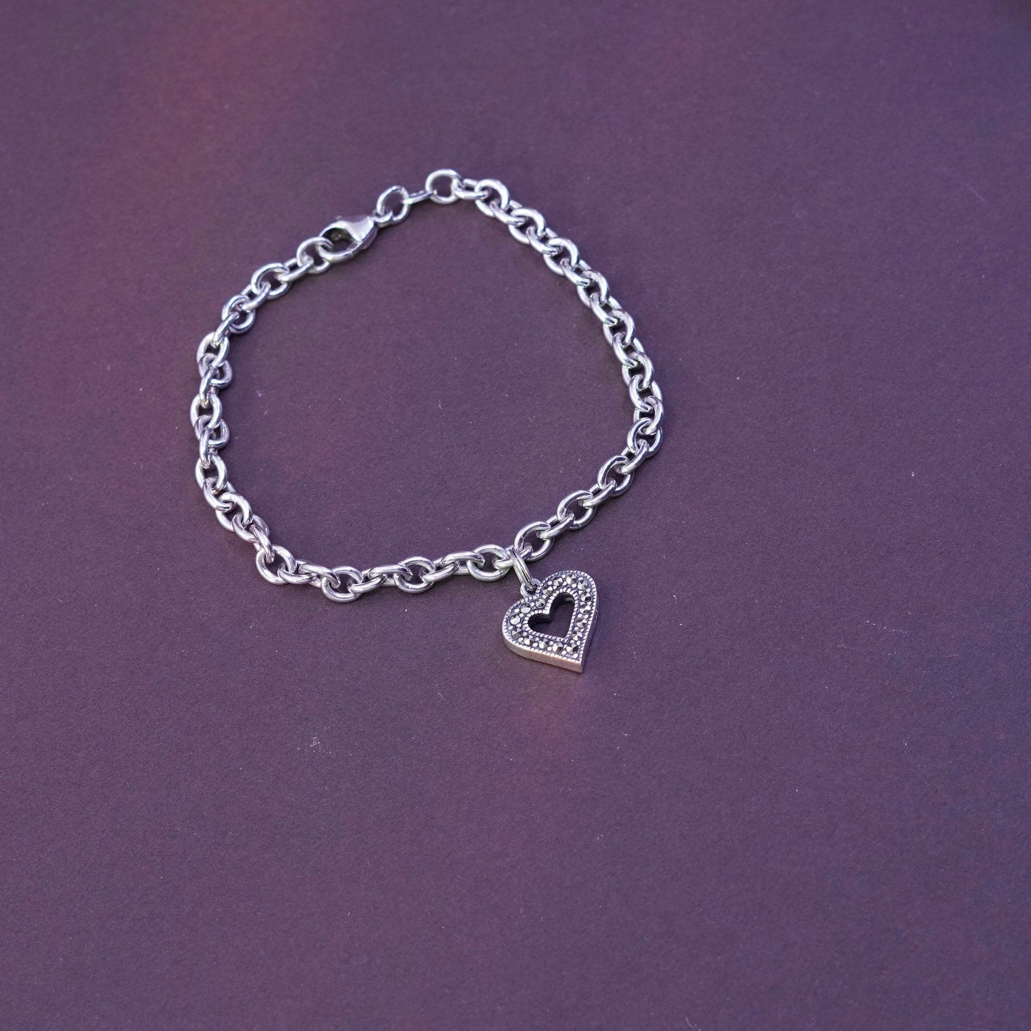 6.75” Judith Jack Sterling silver bracelet, 925 bold circle chain heart charm