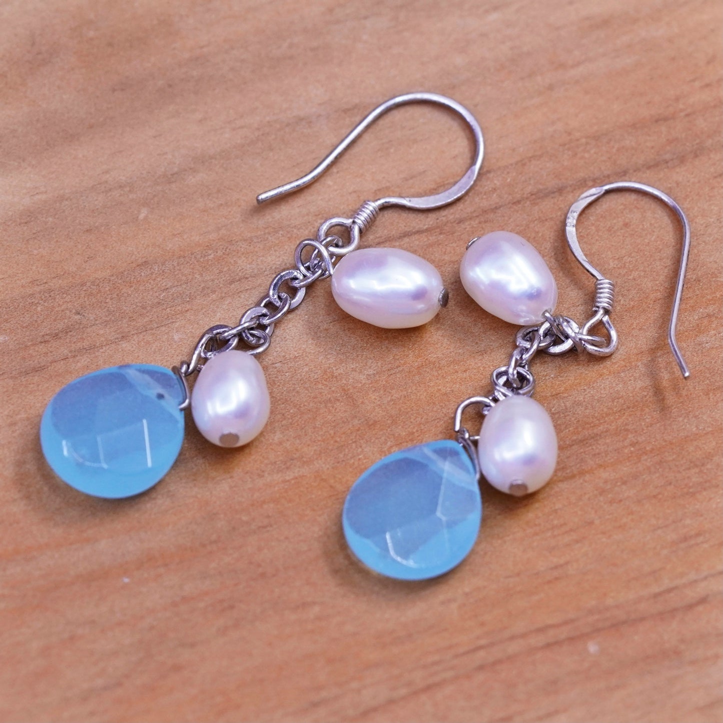 Vintage Sterling 935 silver handmade earrings with teardrop jade and pearl