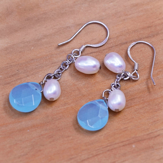 Vintage Sterling 935 silver handmade earrings with teardrop jade and pearl