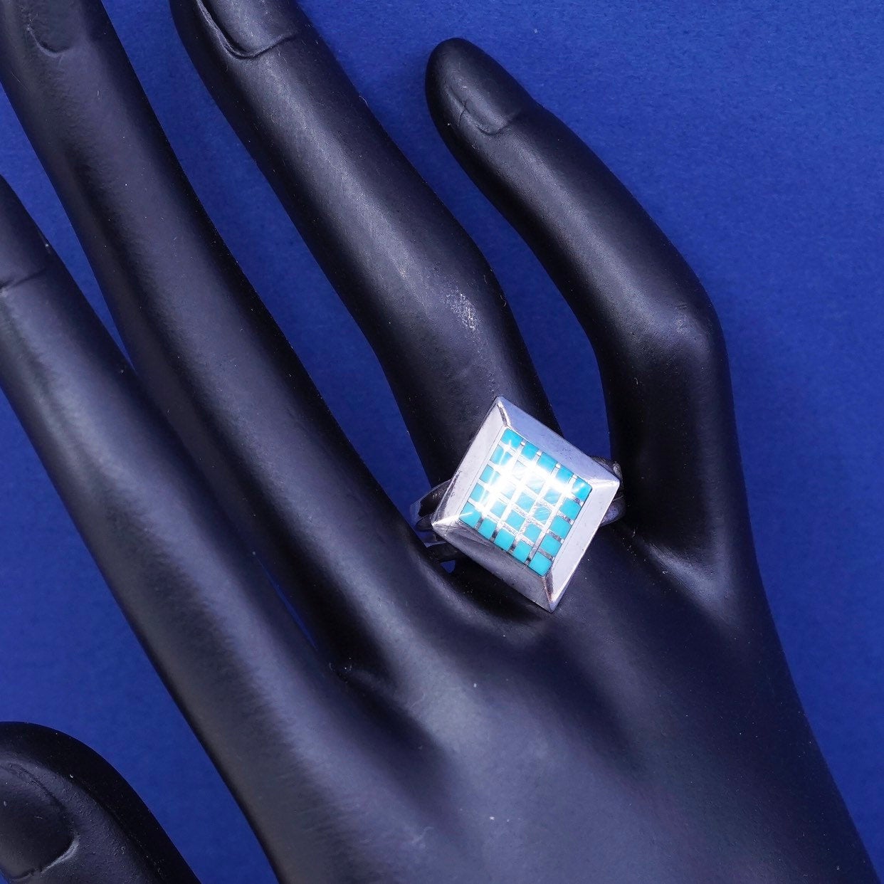 sz 10.5, vtg zuni sterling silver handmade ring, 925 w/ turquoise southwestern