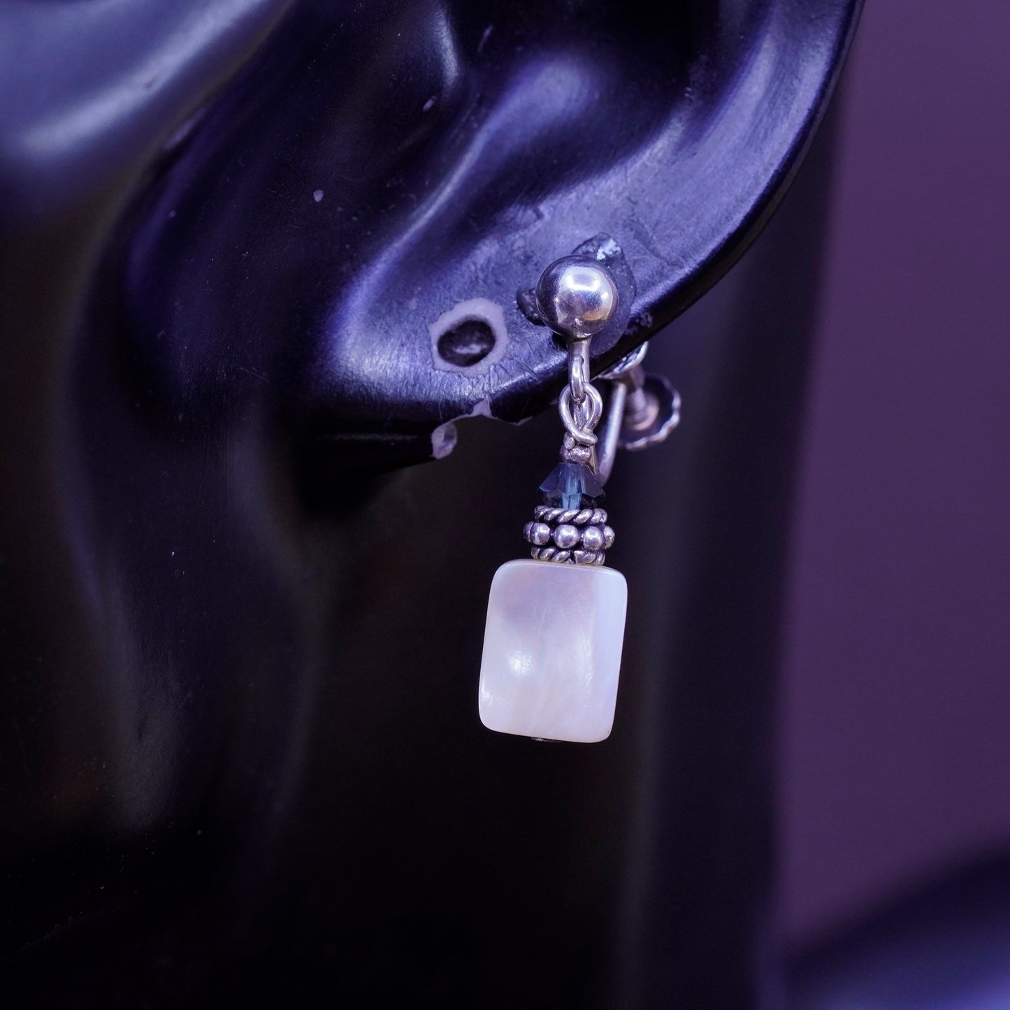 Sterling silver screw back handmade earrings, 925 dangles with mother of pearl