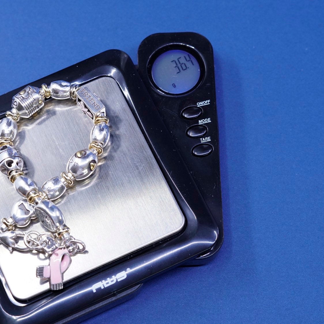 6.25+1”, vtg Brighton B Silver Tone bracelet, with heart charm “sister, mother