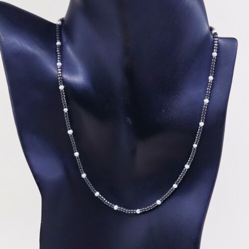 Southwestern Native American Heishi Necklace, Hematite W/ Pearl N 925 Sterling
