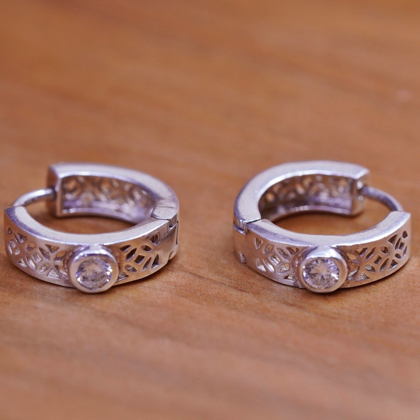 0.5”, vintage Sterling silver handmade earrings, filigree 925 hoops with Cz