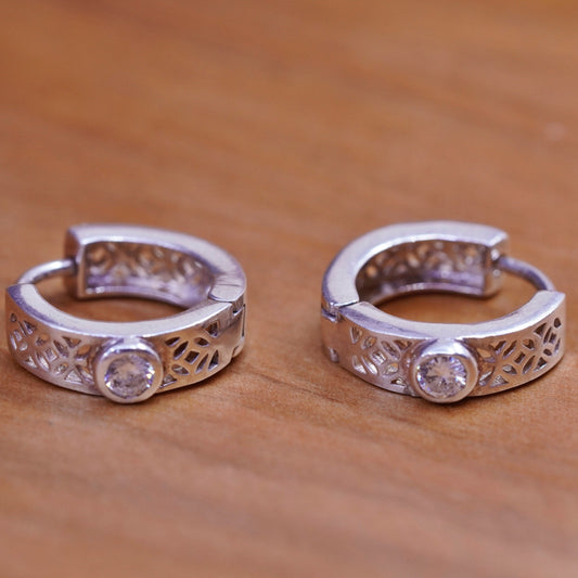 0.5”, vintage Sterling silver handmade earrings, filigree 925 hoops with Cz