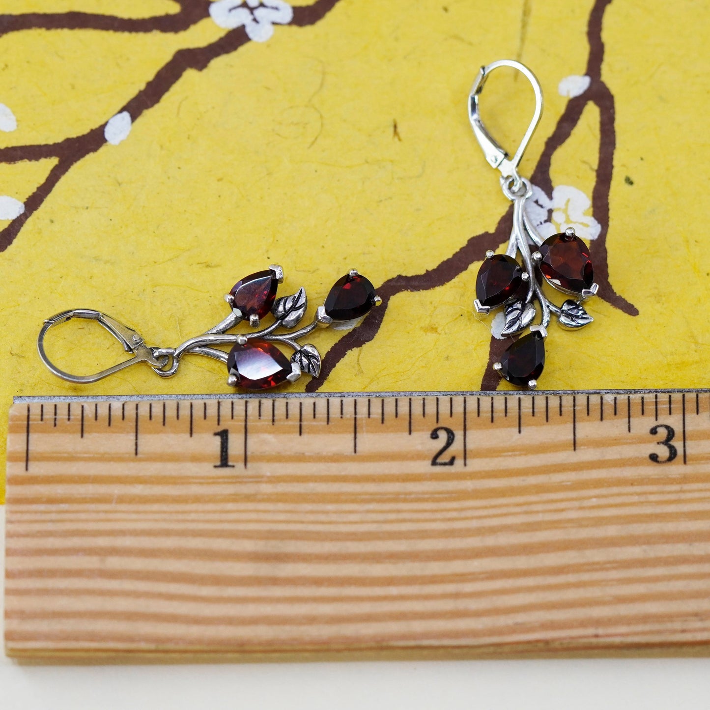 Vintage Sterling 925 silver handmade leafy earrings with ruby