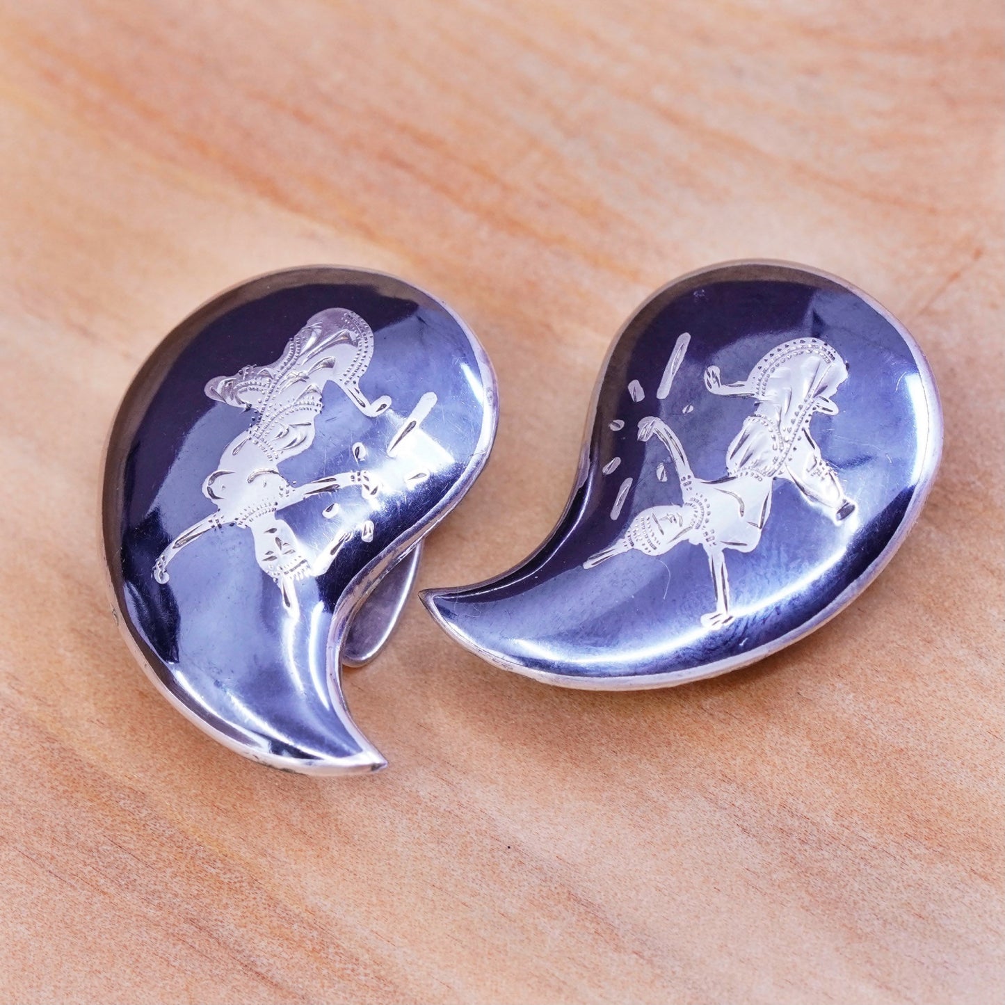 Siam sterling silver clip on earrings, 925 India teardrop earrings, niello