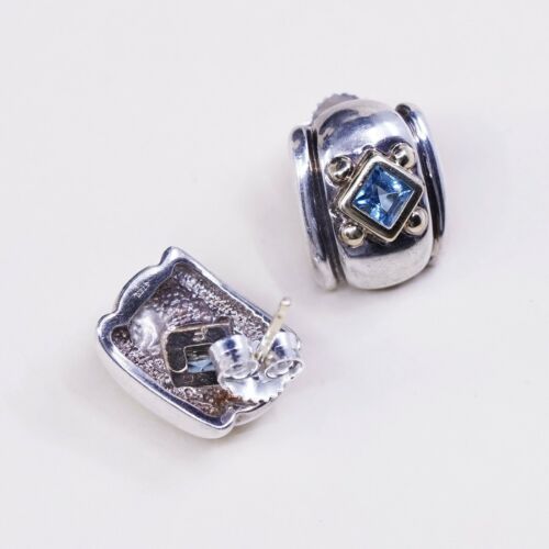 Vtg 14K Yellow Gold Sterling Silver Handmade Earrings, 925 Studs W/ Blue Topaz
