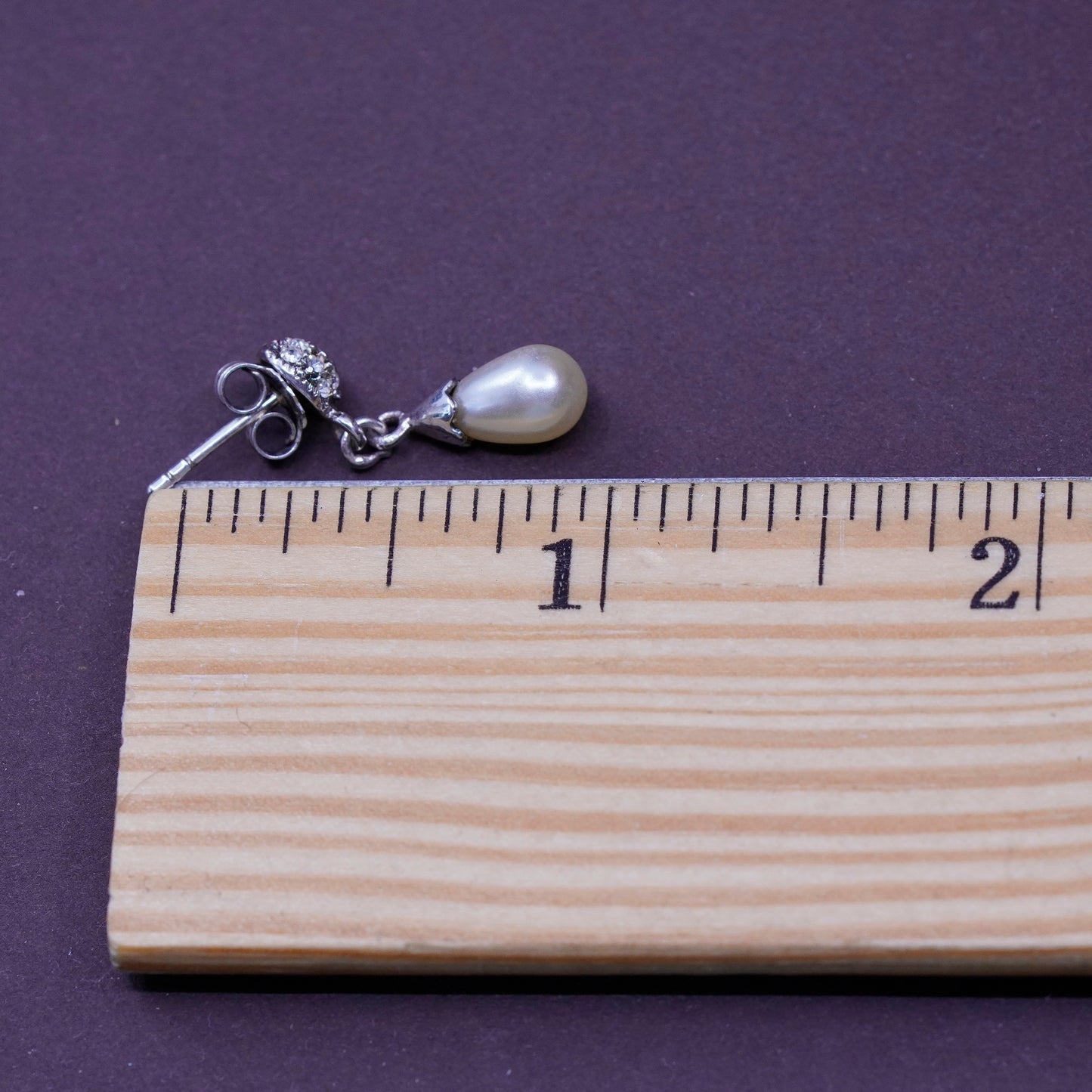 Vintage Sterling 925 silver handmade earrings with teardrop pearl and Cz