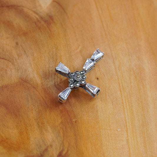 Vintage Sterling silver handmade pendant, 925 cross with Cz and marcasite