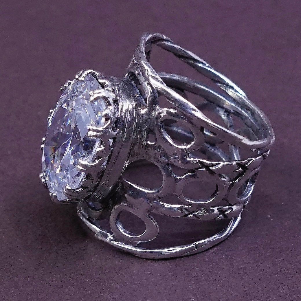 sz 7, vtg Israel Sterling silver handmade ring, 925 statement band w/ cz