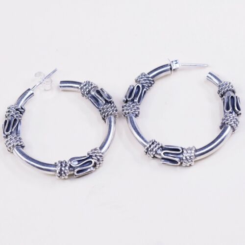 1.25”, Vtg 925 Sterling Silver Handmade Hoop Earrings, 925 Wired huggie