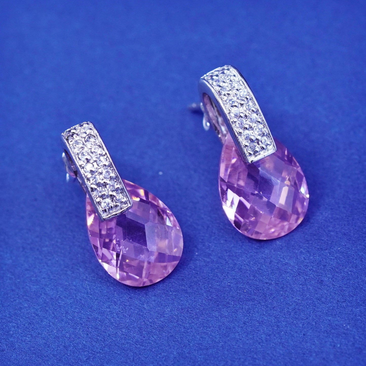 Vintage Sterling 925 silver handmade earrings with pink crystal drop and Cz