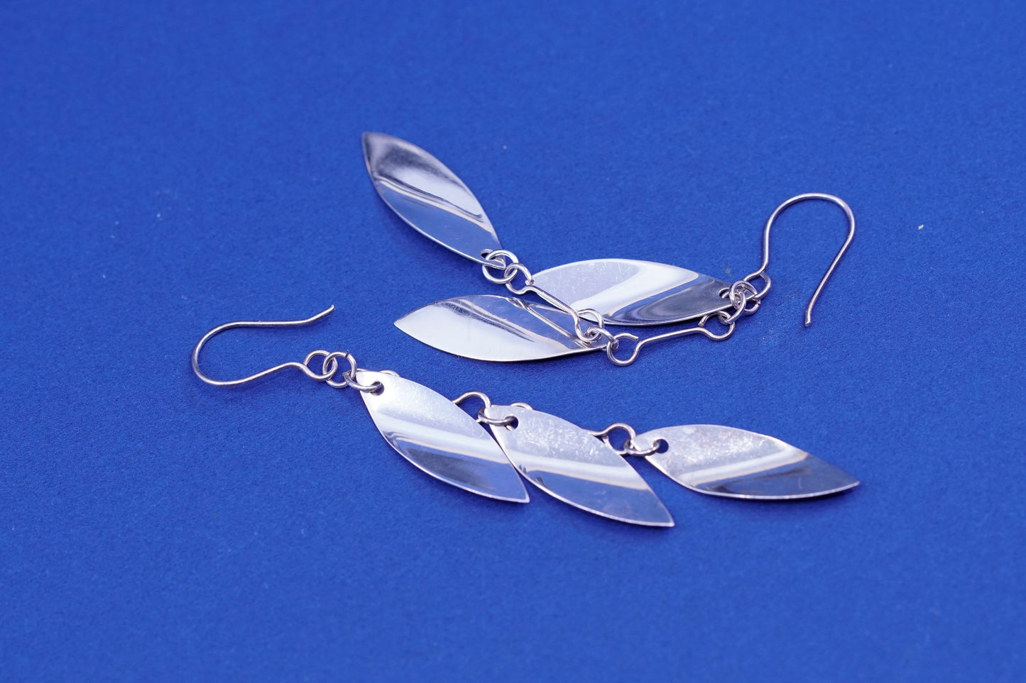Vintage modern Sterling Silver long Earrings. 925 Marquise shaped dangle