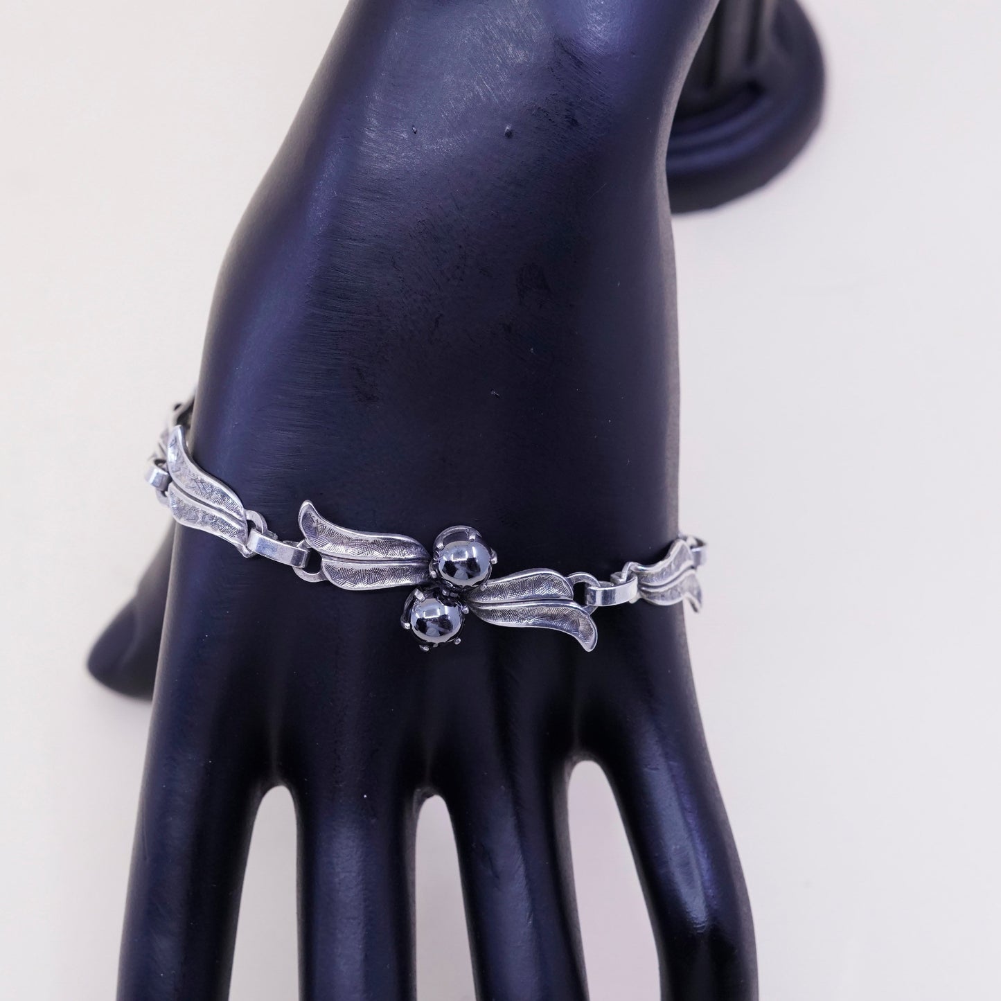 7.5”, antique sterling silver bracelet, 925 wavy chain with hematite beads