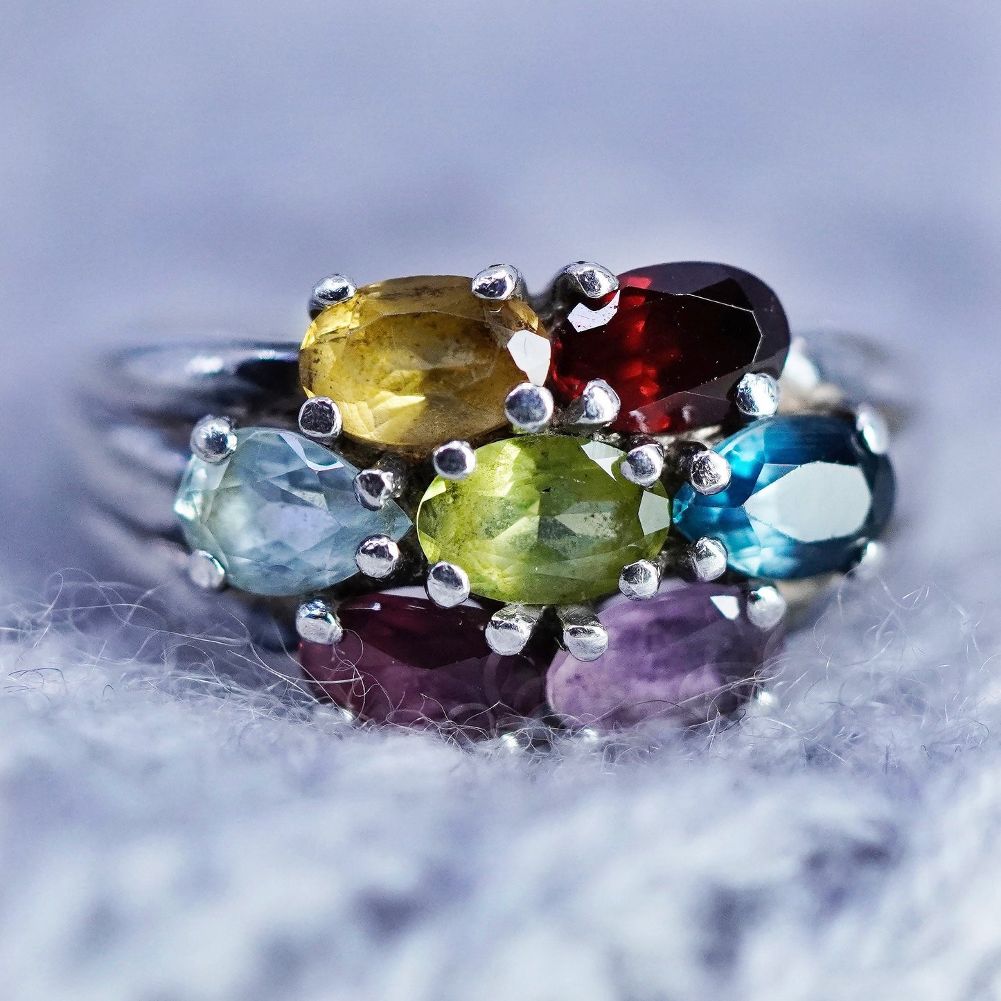 Size 9, Sterling 925 silver handmade ring w/ amethyst peridot citrine ruby topaz