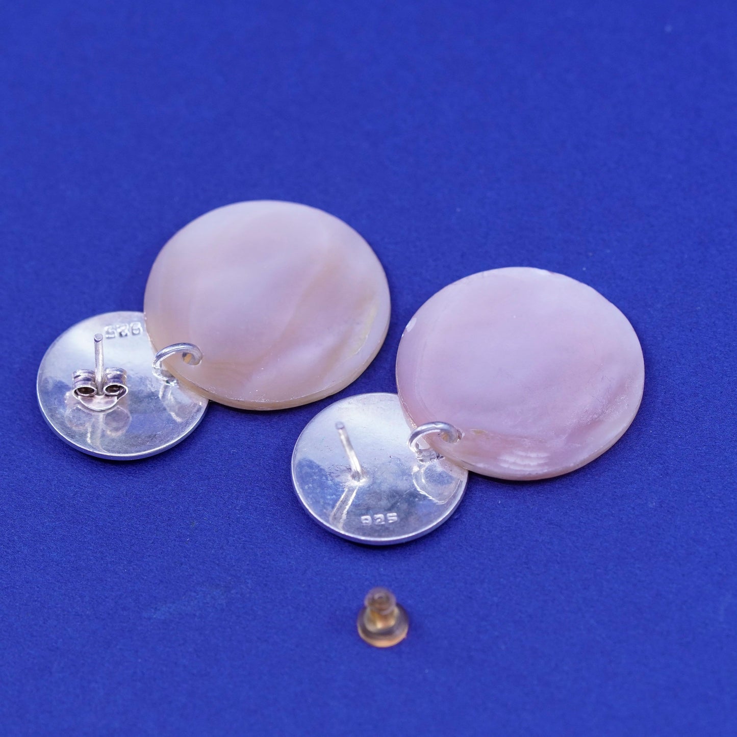 sterling silver handmade earrings, 925 round studs with mother of pearl discs