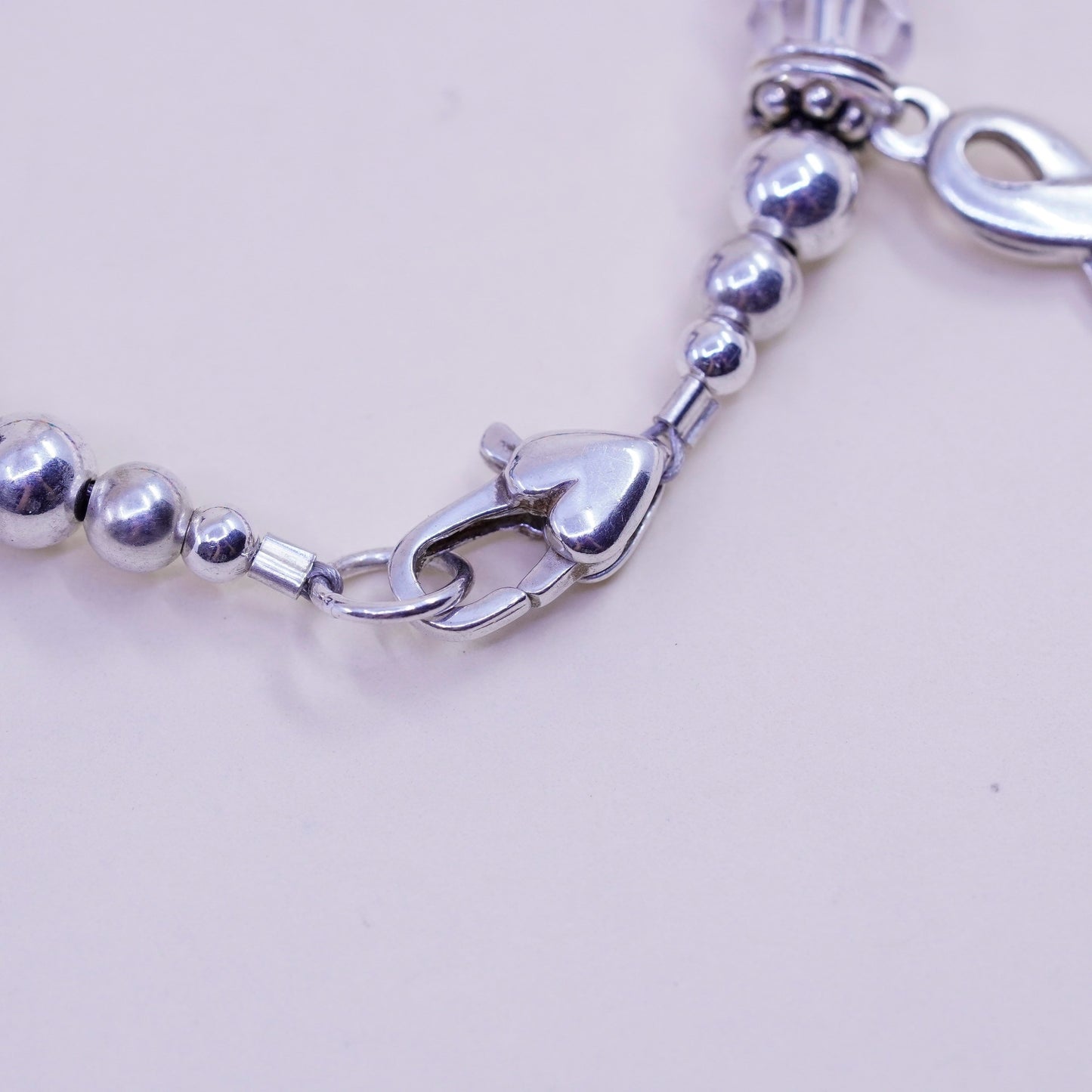 7”, Vintage sterling silver bracelet, 925 beads chain crystal ribbon bow charm
