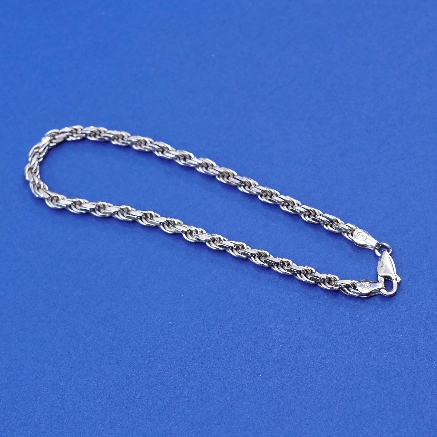 7.75”, 4mm, vintage sterling silver handmade bracelet, 925 diamond rope chain