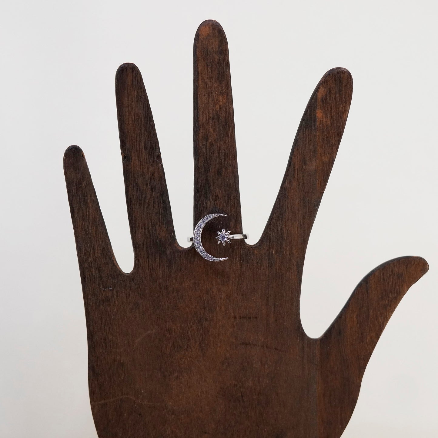 Size adjustable , vintage Sterling 925 silver star moon ring with cluster cz