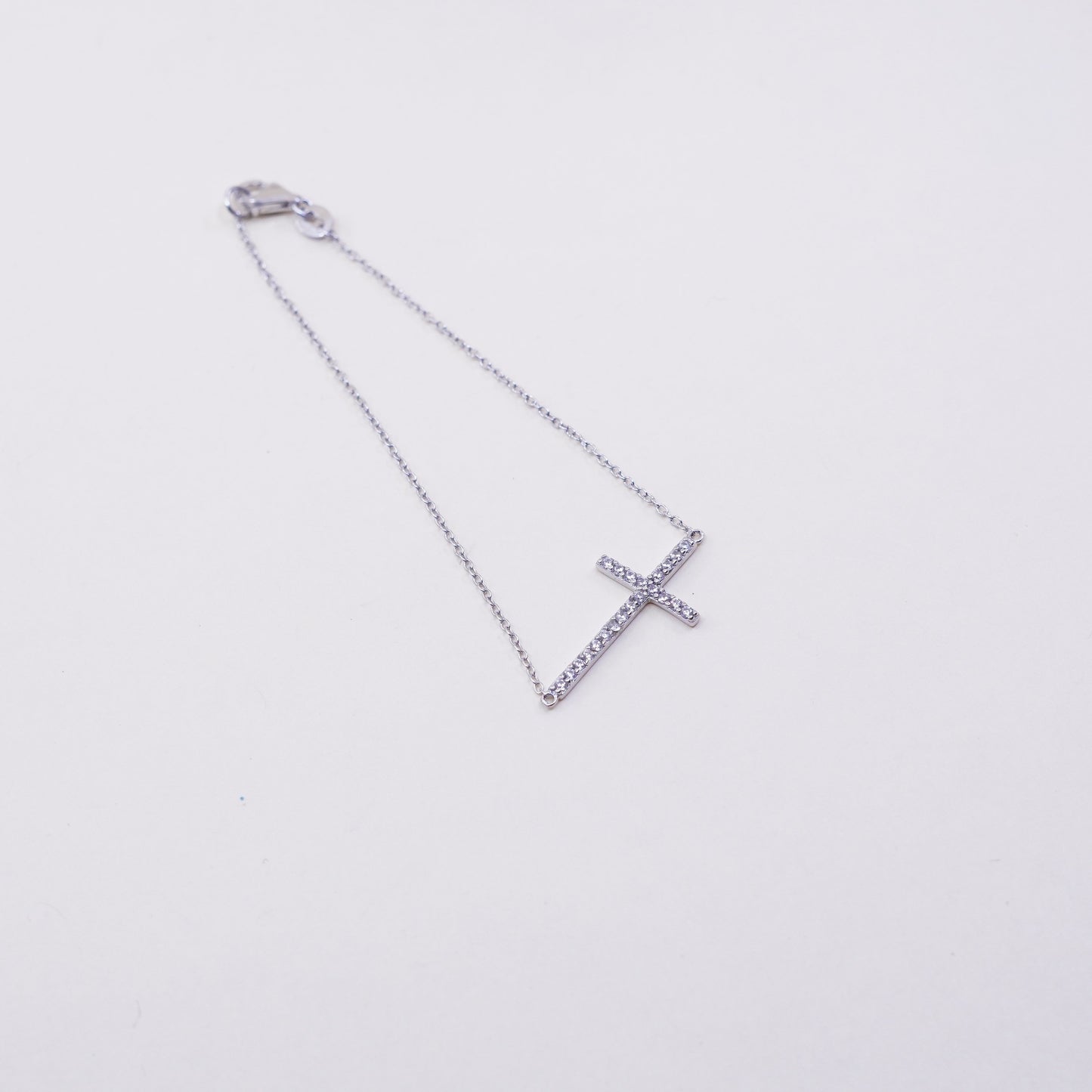 7”, vtg sterling silver handmade bracelet, Italy 925 chain with cross and Cz