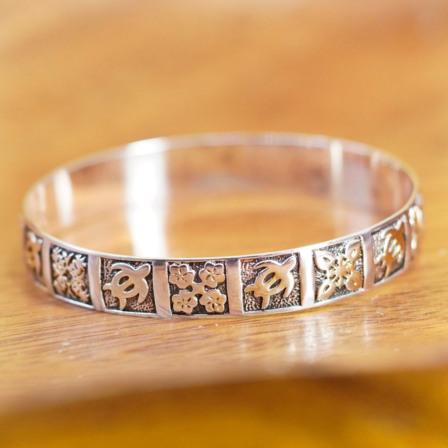 7”, modern Sterling silver handmade bracelet, 925 bangle turtle flower relief